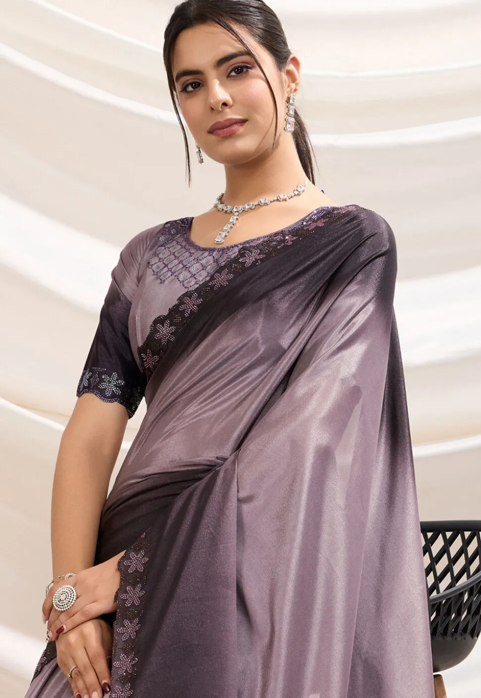 Ombre Crepe Scalloped Saree in Dusty Purple