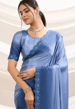 Ombre Crepe Scalloped Saree in Dusty Blue