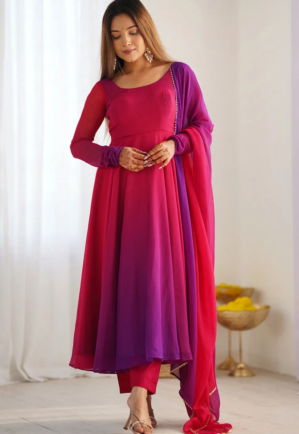 Ombre Georgette A Line Suit in Fuchsia and Purple