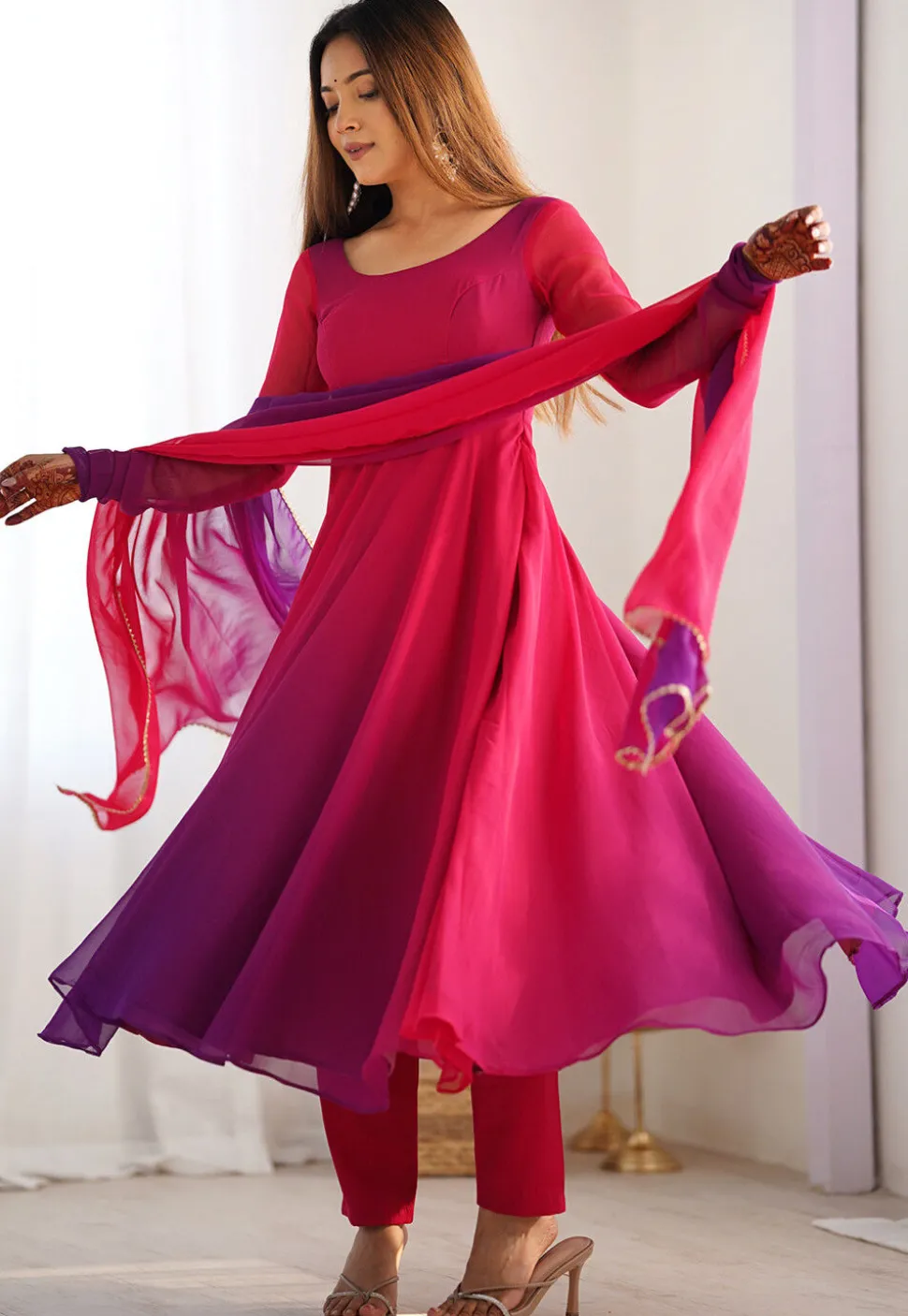 Ombre Georgette A Line Suit in Fuchsia and Purple