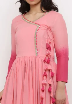 Ombre Mulmul Cotton Angrakha Style Gown Set in Ombre Baby Pink