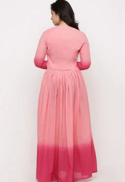 Ombre Mulmul Cotton Angrakha Style Gown Set in Ombre Baby Pink