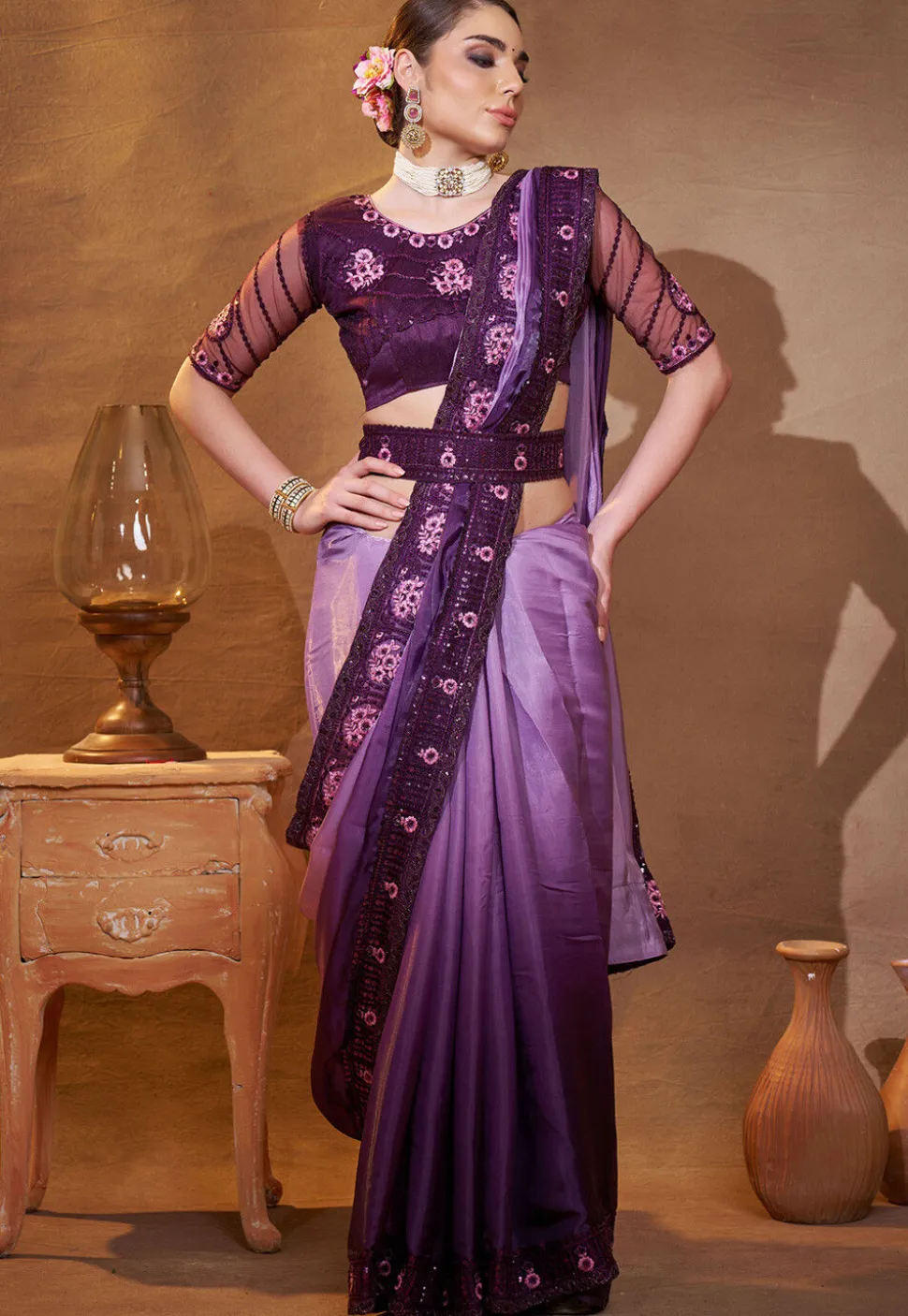 Ombre Organza Saree in Purple