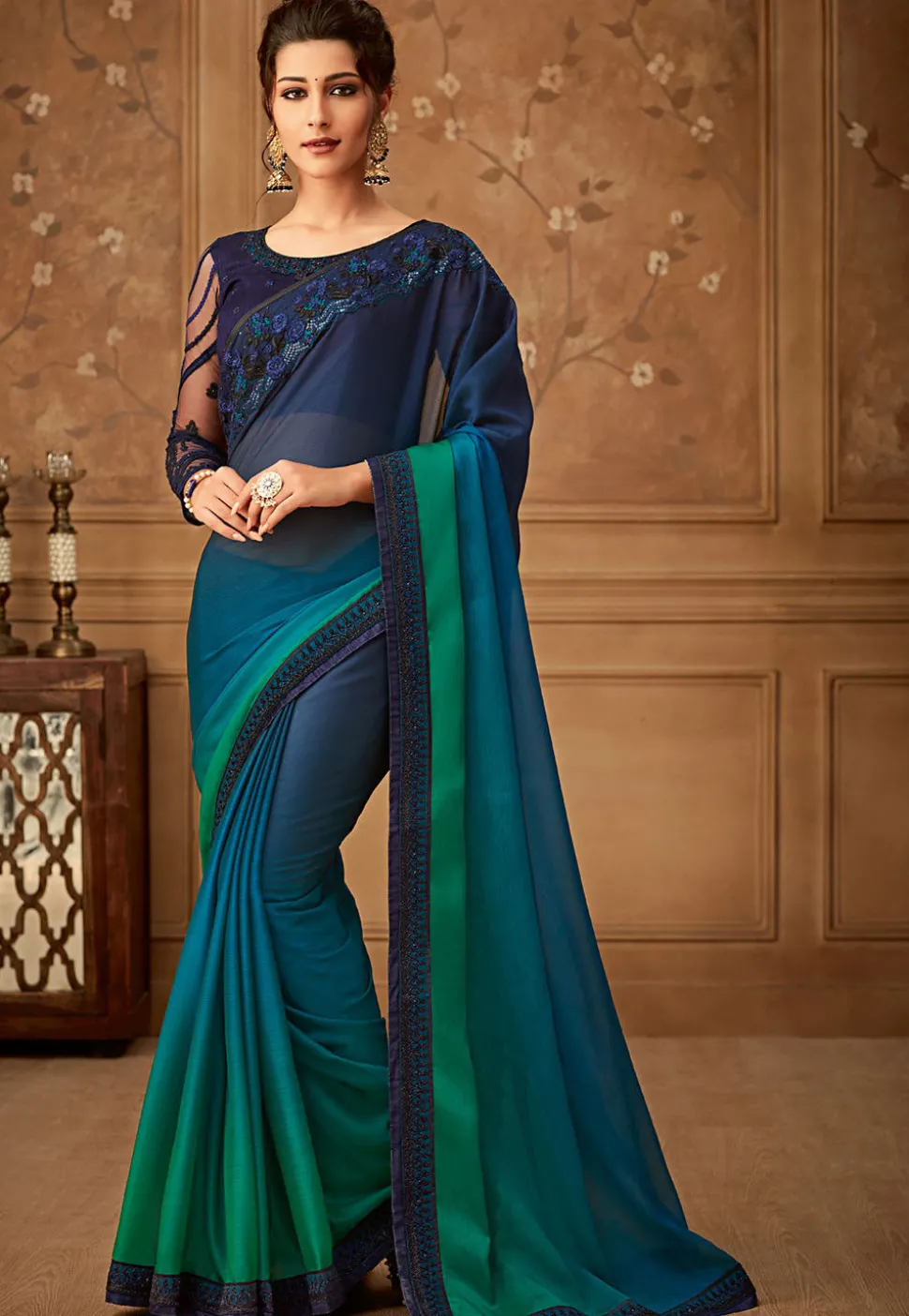 Ombre Satin Chiffon Saree in Blue