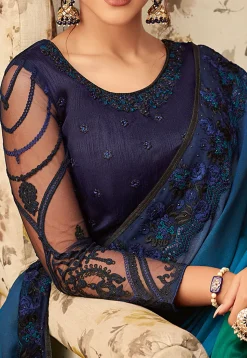 Ombre Satin Chiffon Saree in Blue