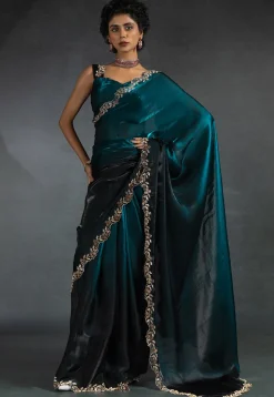 Ombre Tissue Scalloped Saree in Teal Blue