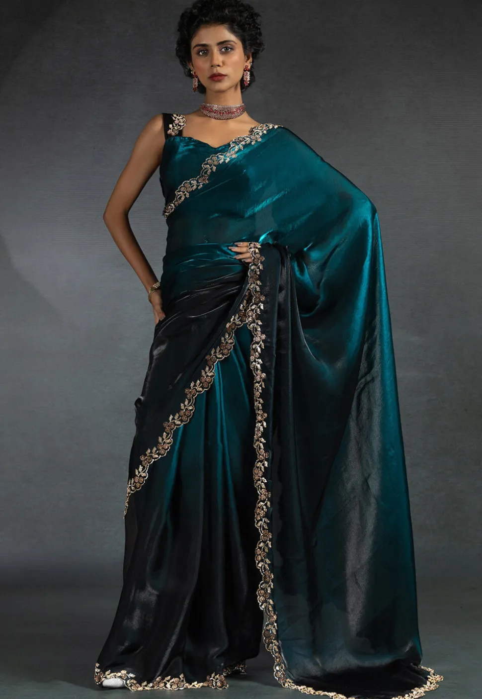 Ombre Tissue Scalloped Saree in Teal Blue