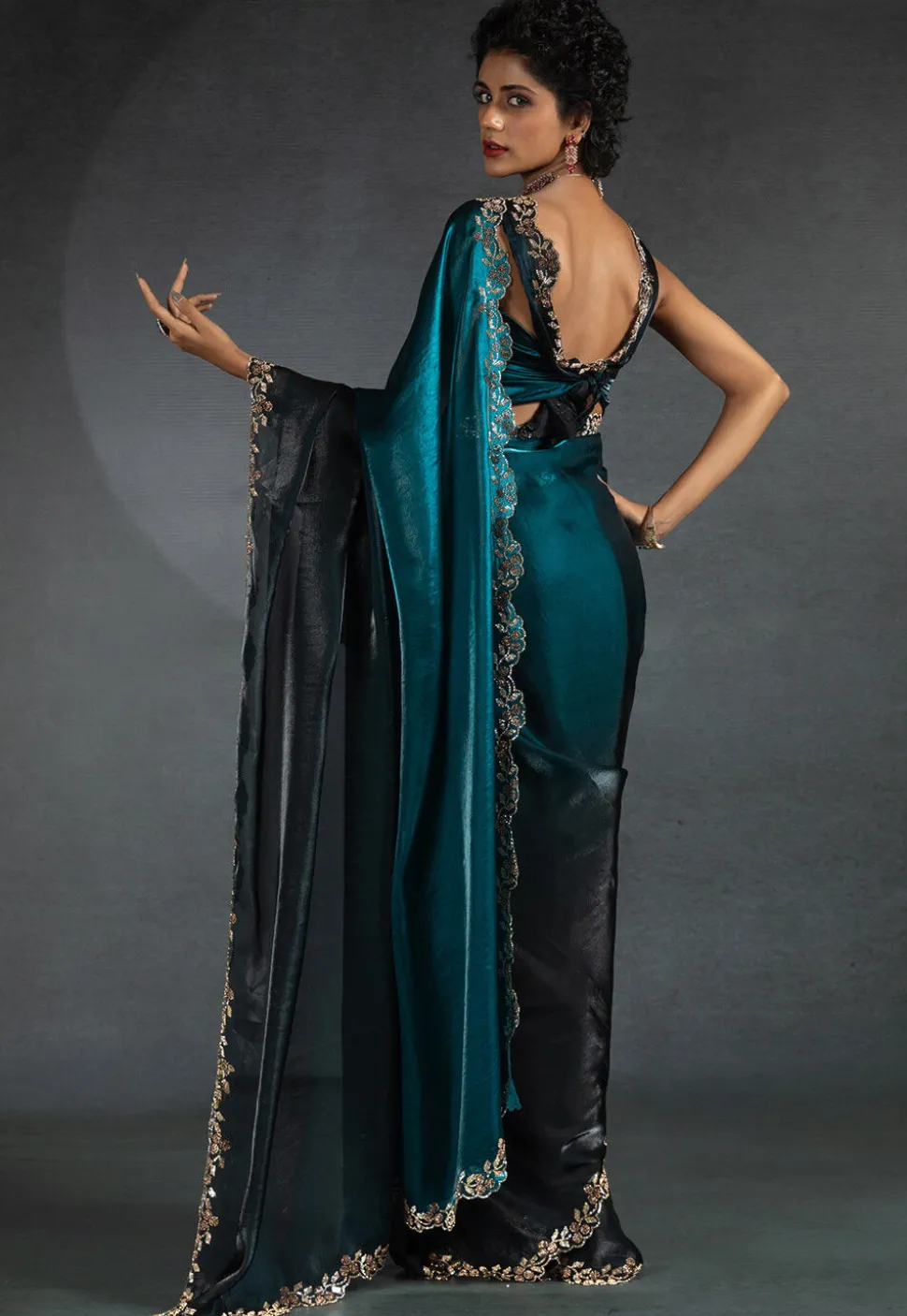 Ombre Tissue Scalloped Saree in Teal Blue