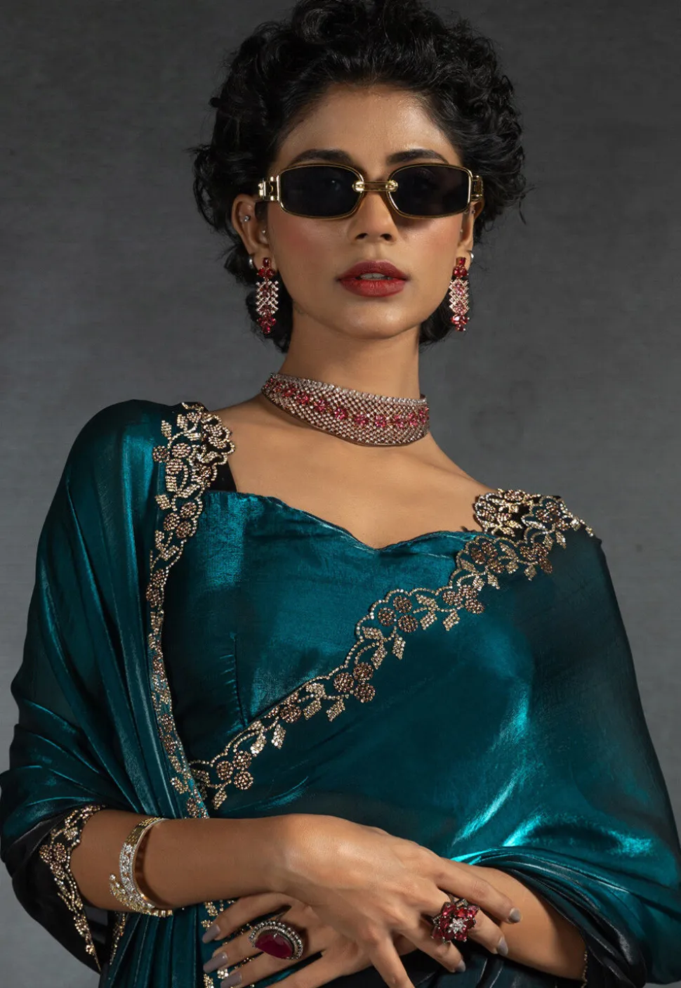 Ombre Tissue Scalloped Saree in Teal Blue