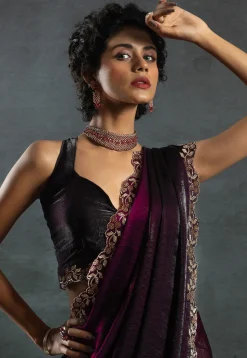 Ombre Tissue Scalloped Saree in Wine