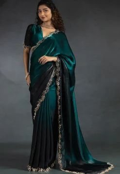 Ombre Tissue Scalloped Saree in Teal Blue and Black