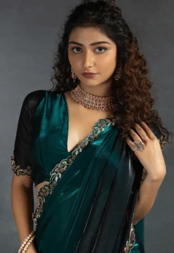 Ombre Tissue Scalloped Saree in Teal Blue and Black