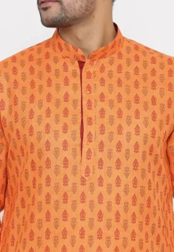 Ornamental Printed Cotton Flex Kurta Set in Orange