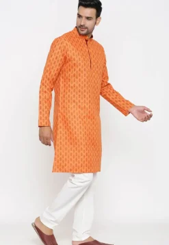 Ornamental Printed Cotton Flex Kurta Set in Orange