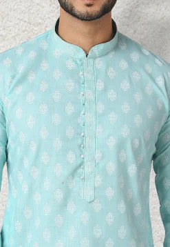 Ornamental Printed Cotton Kurta Set in Light Blue