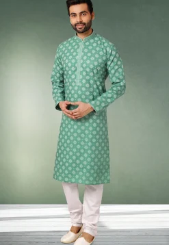 Ornamental Printed Cotton Kurta Set in Teal Green