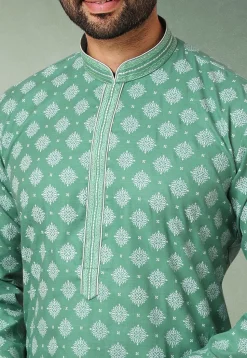 Ornamental Printed Cotton Kurta Set in Teal Green