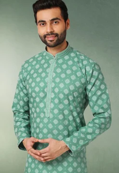 Ornamental Printed Cotton Kurta Set in Teal Green