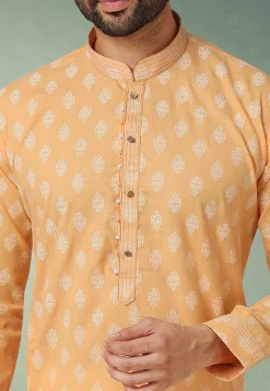 Ornamental Printed Cotton Kurta Set in Orange