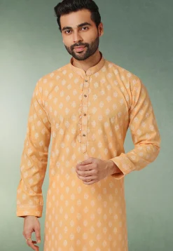Ornamental Printed Cotton Kurta Set in Orange