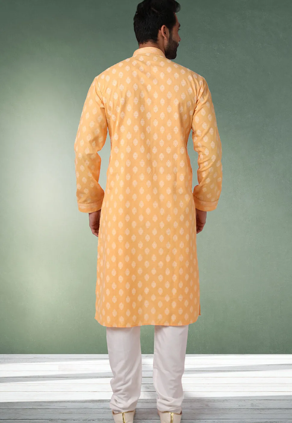 Ornamental Printed Cotton Kurta Set in Orange
