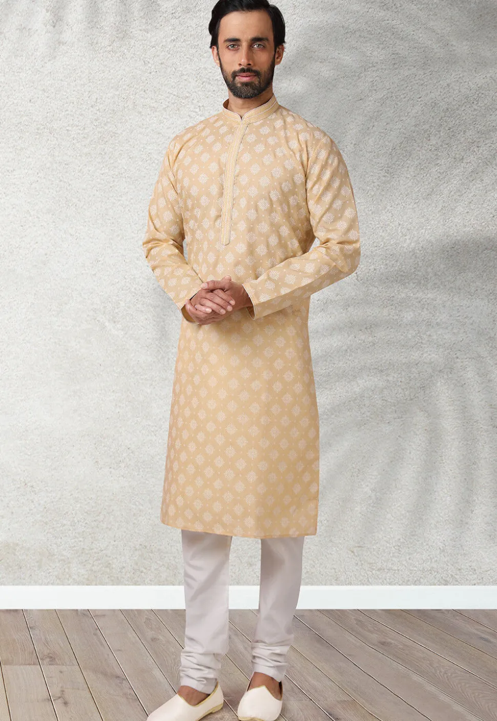 Ornamental Printed Cotton Kurta Set in Beige