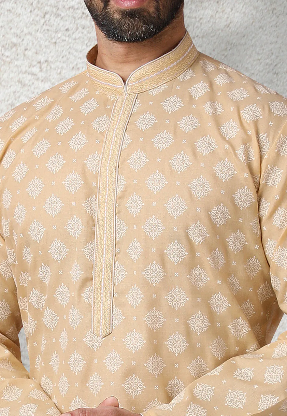 Ornamental Printed Cotton Kurta Set in Beige