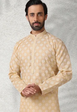 Ornamental Printed Cotton Kurta Set in Beige