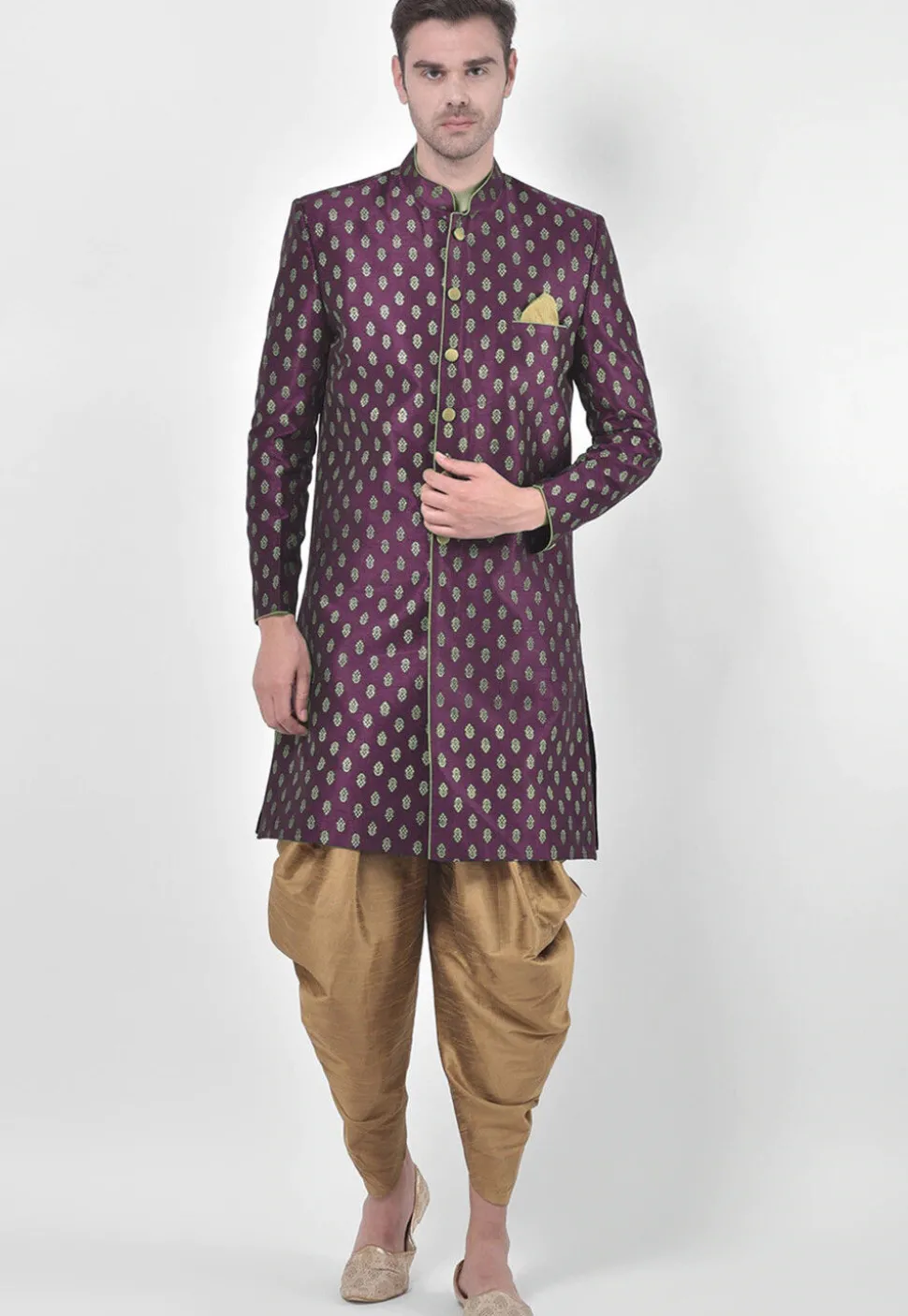Ornamental Printed Dupion Silk Dhoti Sherwani in Dark Purple