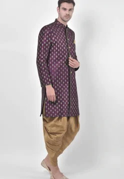 Ornamental Printed Dupion Silk Dhoti Sherwani in Dark Purple
