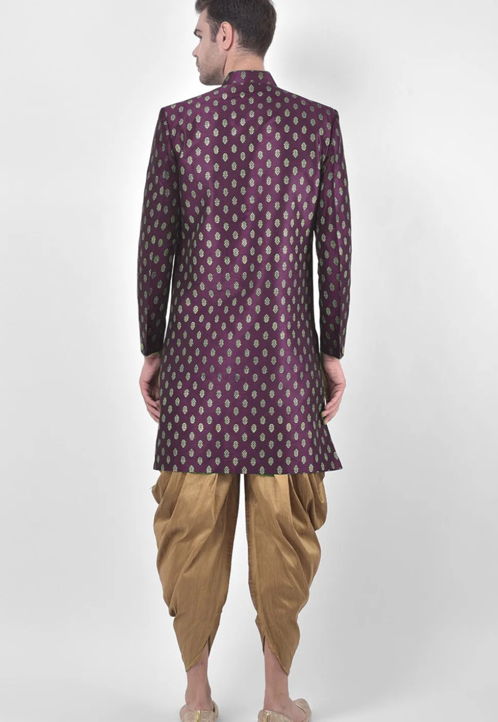 Ornamental Printed Dupion Silk Dhoti Sherwani in Dark Purple
