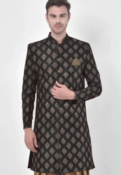 Ornamental Printed Dupion Silk Sherwani in Black