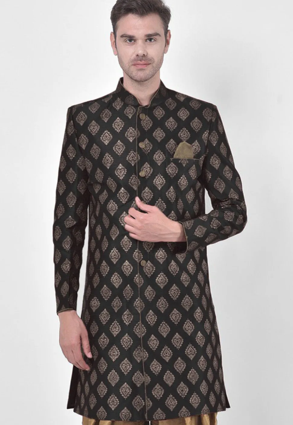 Ornamental Printed Dupion Silk Sherwani in Black
