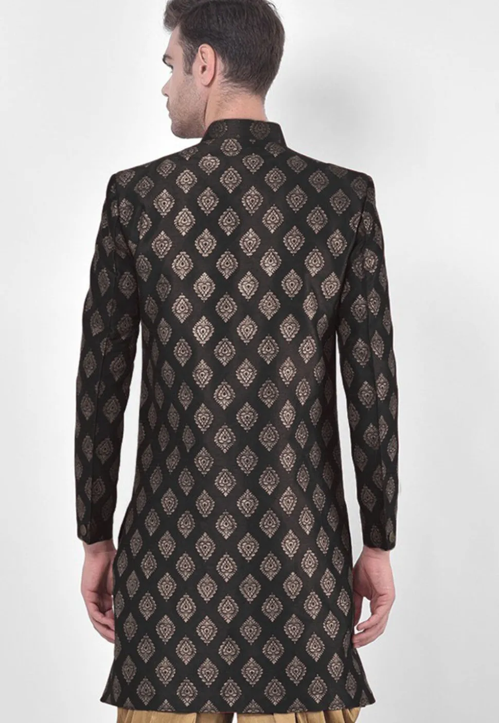 Ornamental Printed Dupion Silk Sherwani in Black