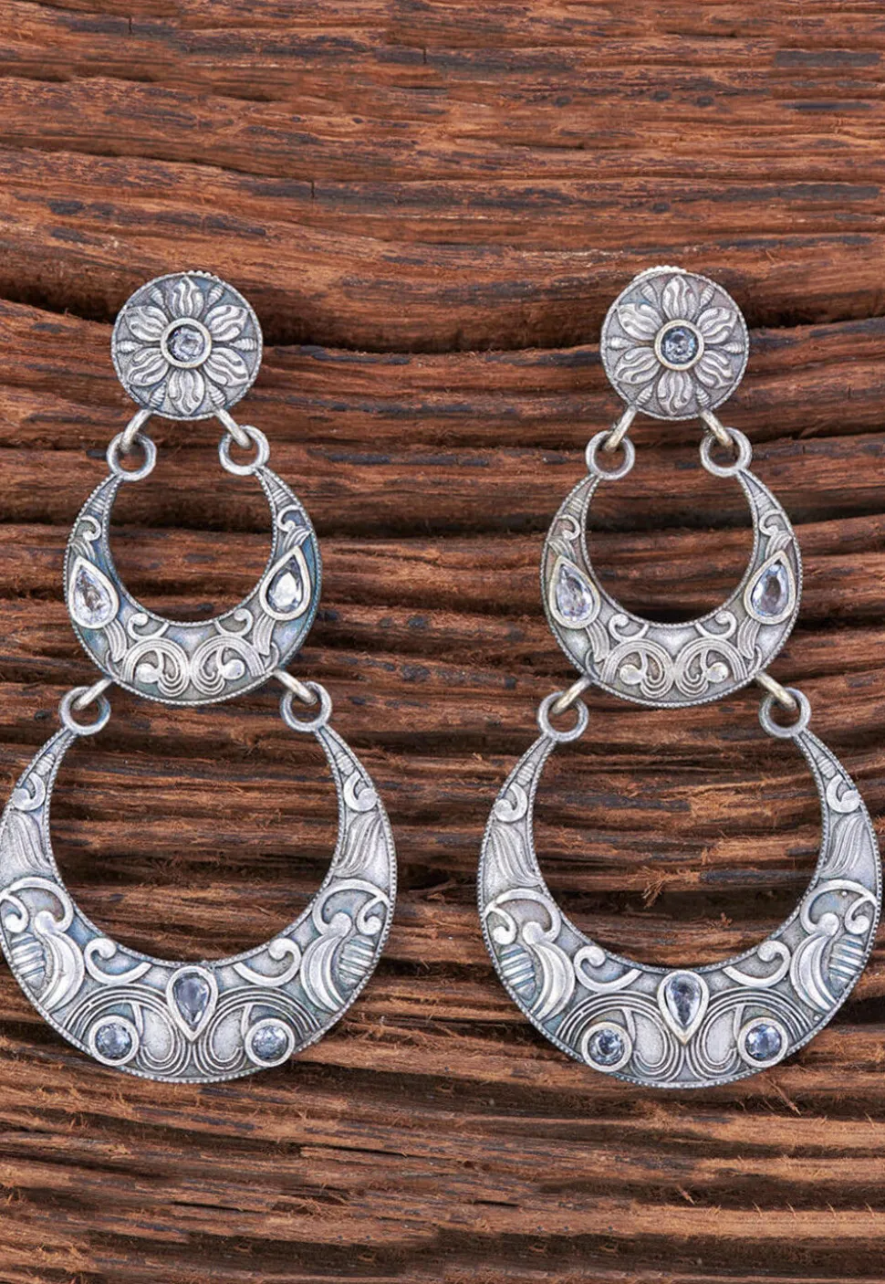 Oxidised Silver Look Alike Stone Studded Earrings