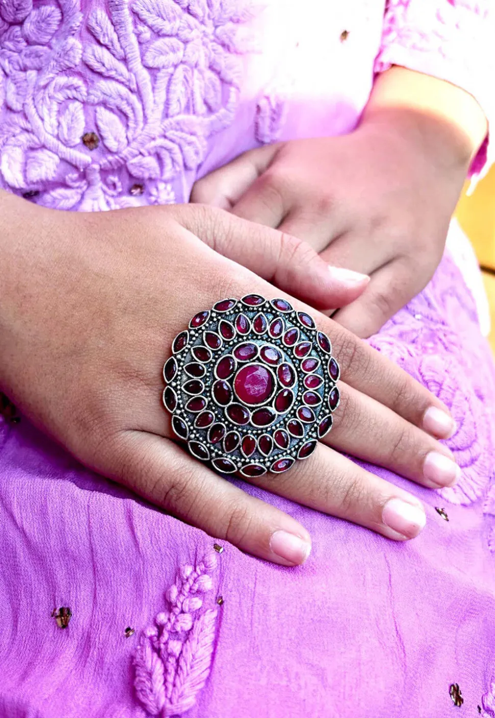 Oxidised Stone Studded Adjustable Ring