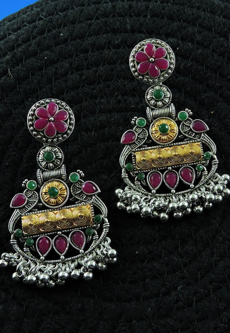 Oxidised Stone Studded Earrings