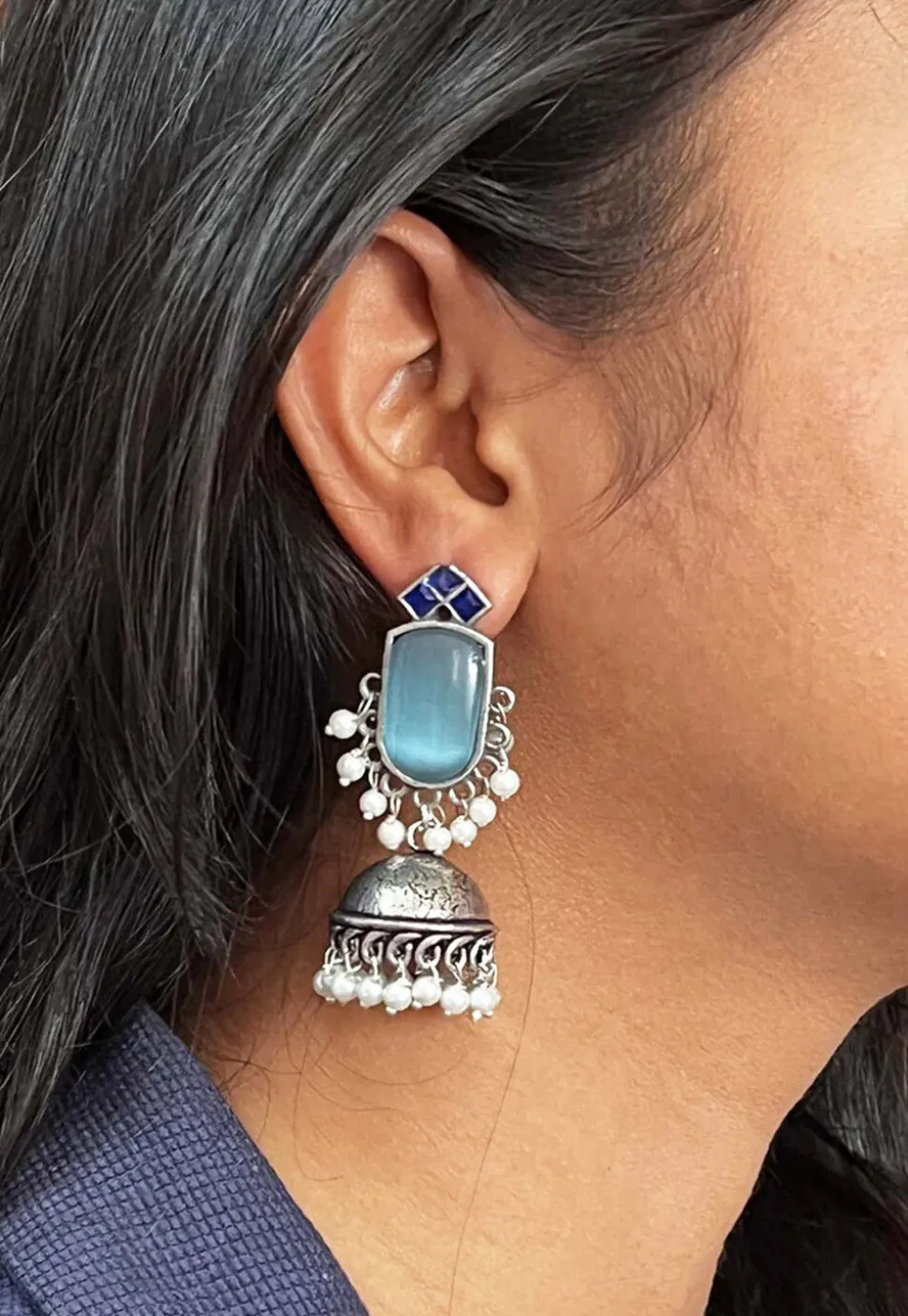 Oxidised Stone Studded Jhumka Style Earrings