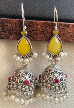 Oxidised Stone Studded Jhumka Style Earrings