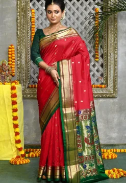 Paithani Pure Silk Saree in Red