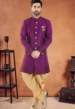 Patch Border Art Silk Sherwani in Purple