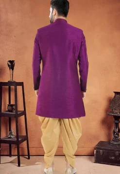 Patch Border Art Silk Sherwani in Purple