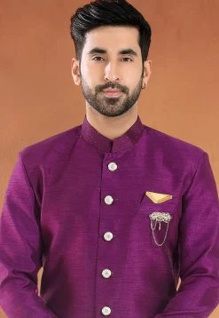 Patch Border Art Silk Sherwani in Purple