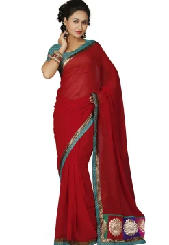 Patch Border Chiffon Saree in Red