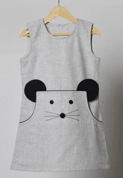 Patched Embellished Cotton Dress in Grey