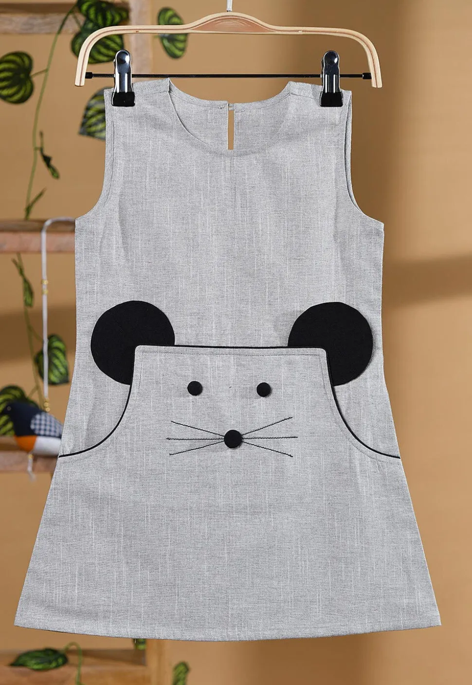 Patched Embellished Cotton Dress in Grey
