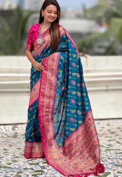 Patola Art Silk Saree in Teal Blue