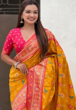 Patola Art Silk Saree in Mustard