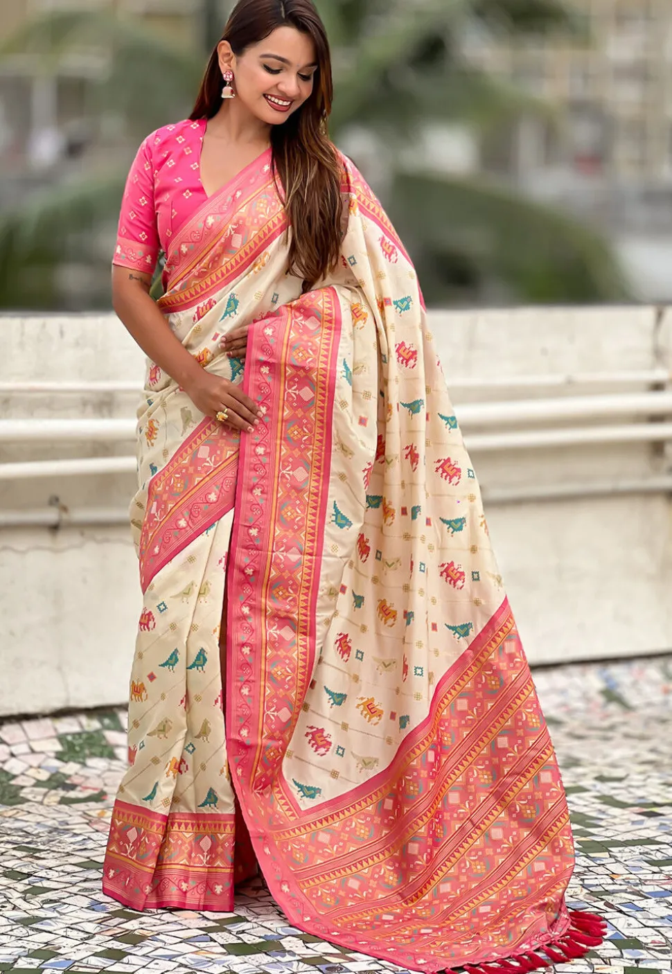 Patola Art Silk Saree in Off White