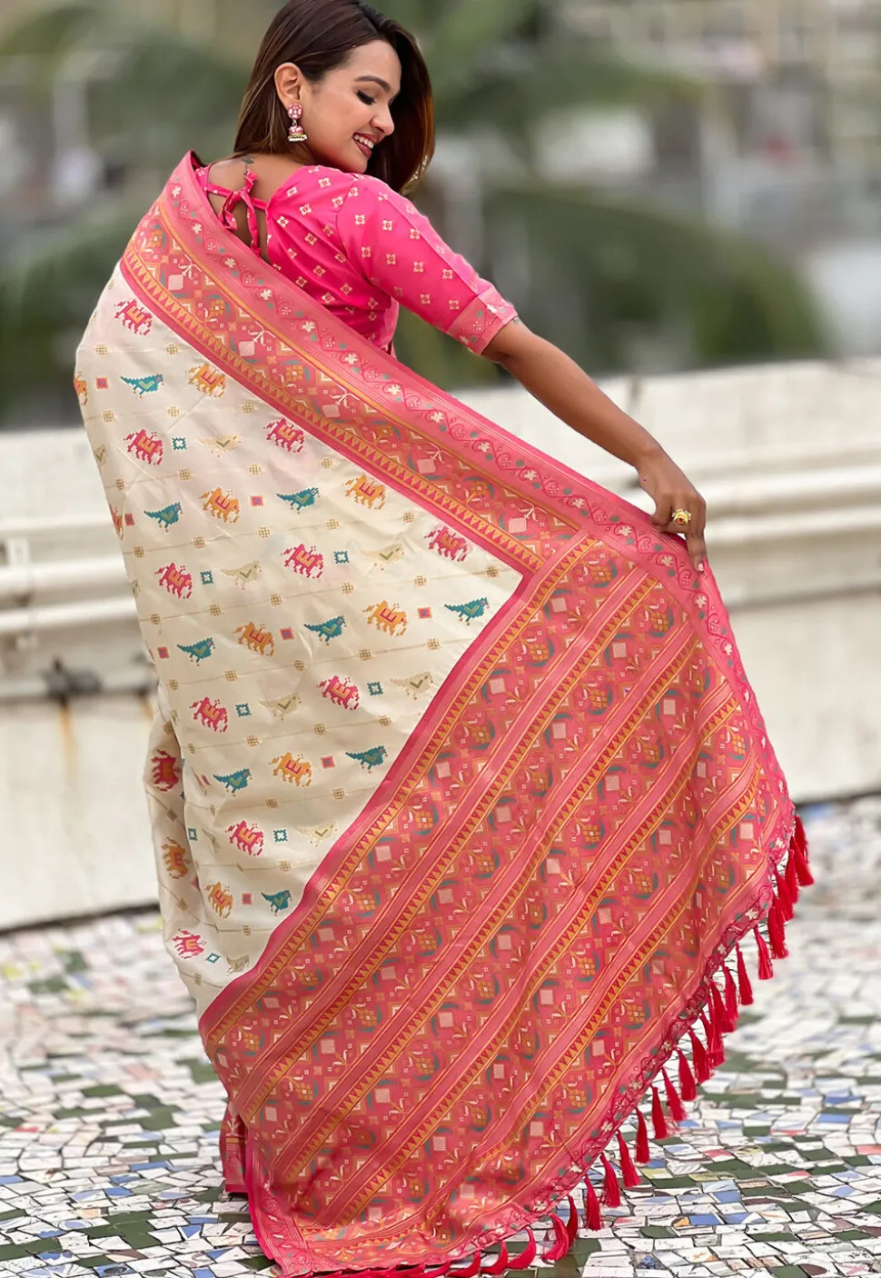 Patola Art Silk Saree in Off White